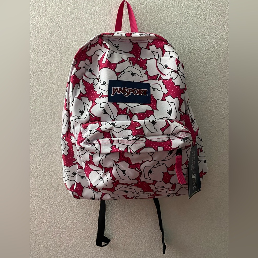 🌸🤍🎒 JanSport Classic Superbreak Cyber Pink Bloc Backpack - Pink/White
